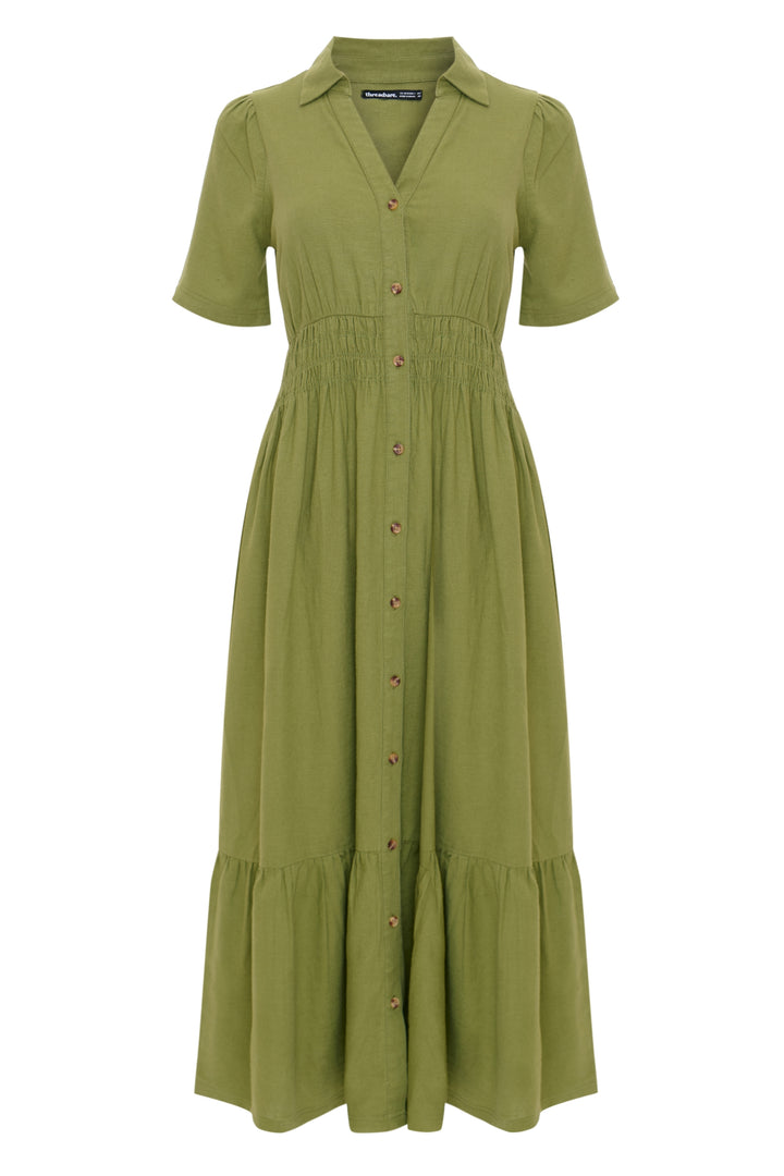 Threadbare Women's Olive Green Tiered Linen Blend V Neck Maxi Dress Threadbare Women's Olive Green Tiered Linen Blend V Neck Maxi Dress
