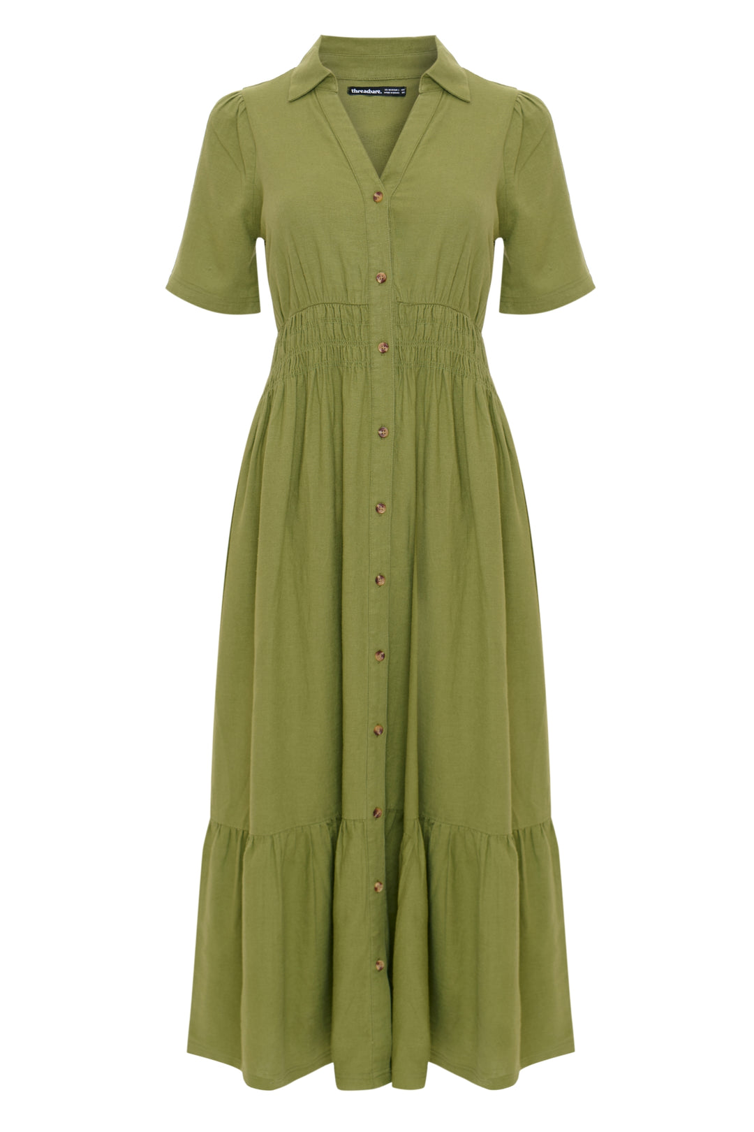Threadbare Women's Olive Green Tiered Linen Blend V Neck Maxi Dress Threadbare Women's Olive Green Tiered Linen Blend V Neck Maxi Dress