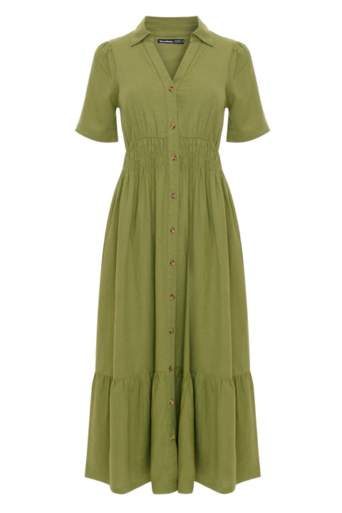 Threadbare Tiered Linen Blend V Neck Maxi Dress in Olive Green - flat lay