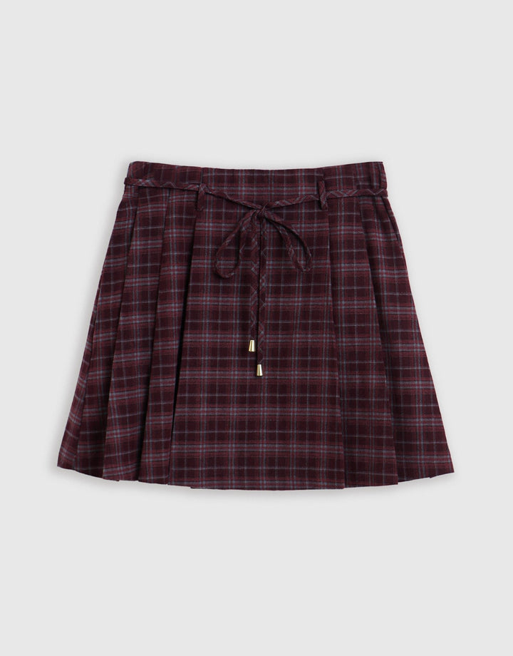 Threadbare Mini Kilt Skirt with Tie Belt in Purple Check - mannequin image