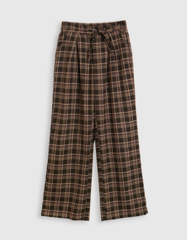 Wide Leg Tie Belt Trousers in Brown Check