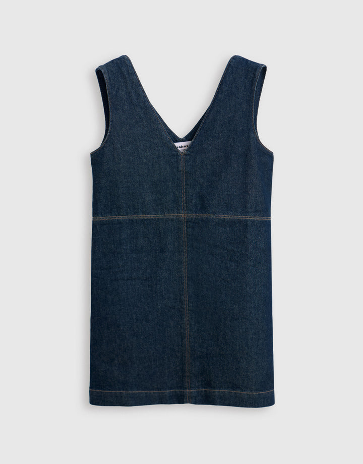 Denim V-Neck Mini Dress in Indigo