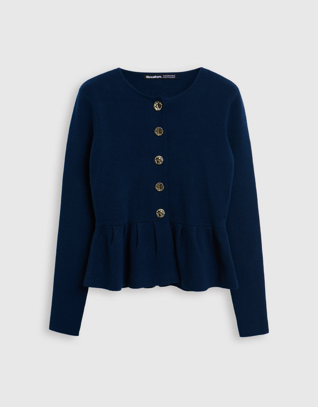 Threadbare Crew Neck Peplum Cardigan in Navy - mannequin image