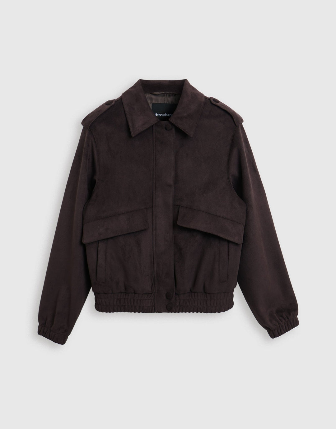 Threadbare Faux Suede Collared Bomber Jacket in Chocolate Brown - mannequin image