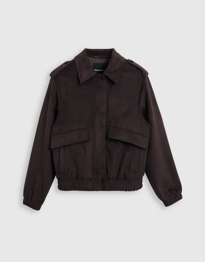 Threadbare Faux Suede Collared Bomber Jacket in Chocolate Brown - mannequin image