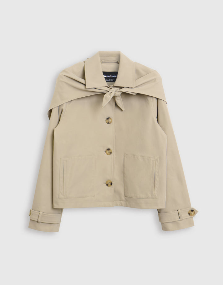 Scarf Detail Cropped Trench Coat in Stone
