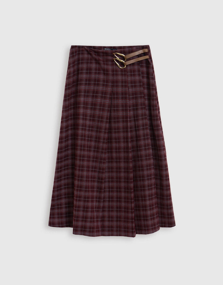 Threadbare Midaxi Buckle Wrap Skirt in Plum Check - mannequin image