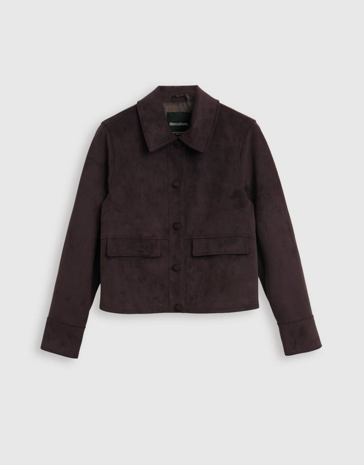 Threadbare Faux Suede Collared Jacket in Chocolate Brown - mannequin image