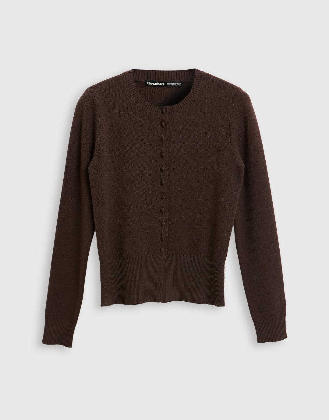 Crew Neck Compact Knitted Cardigan in Chocolate Brown