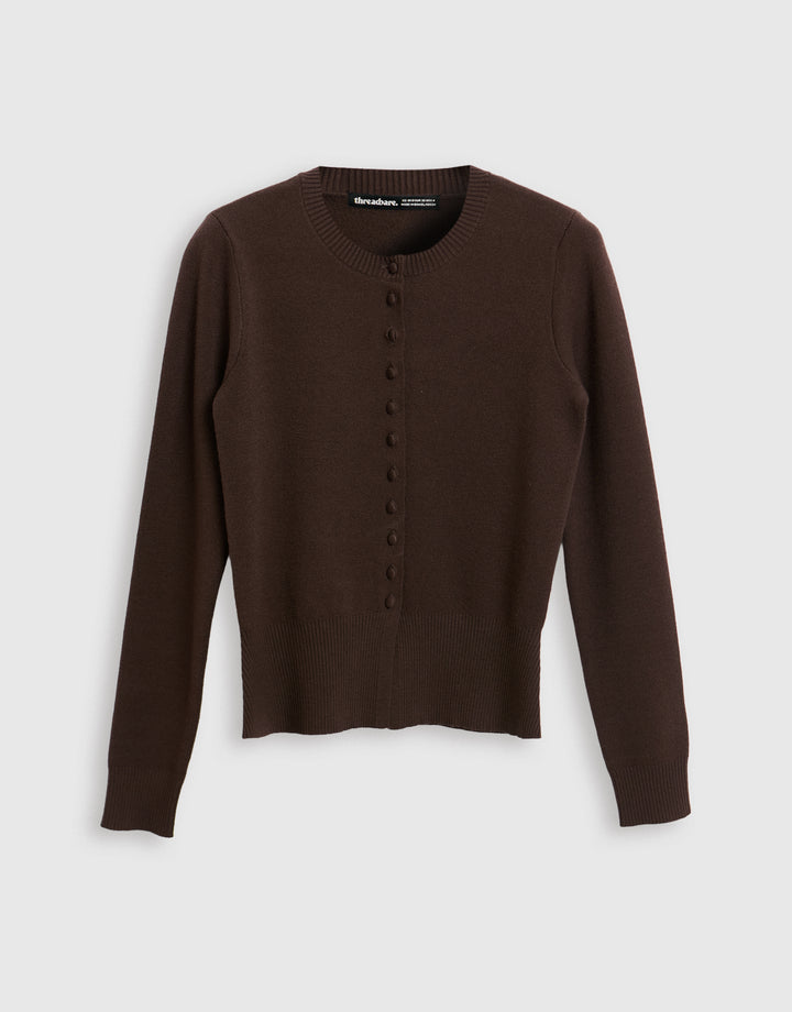 Crew Neck Compact Knitted Cardigan in Chocolate Brown