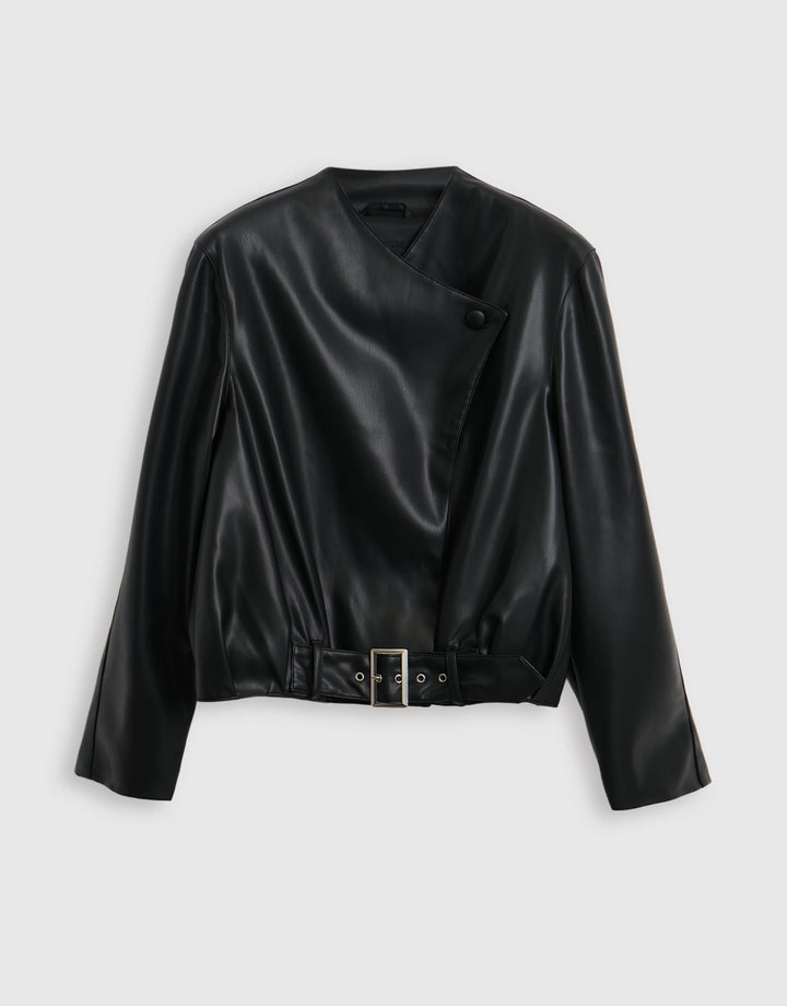 Faux Leather Bomber Jacket in Black