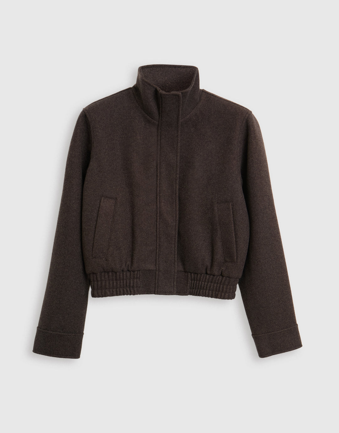 Faux Wool Funnel Neck Bomber Jacket in Chocolate Brown