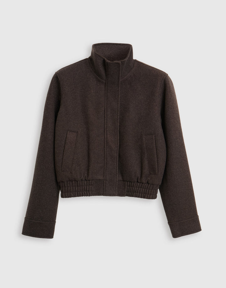 Faux Wool Funnel Neck Bomber Jacket in Chocolate Brown