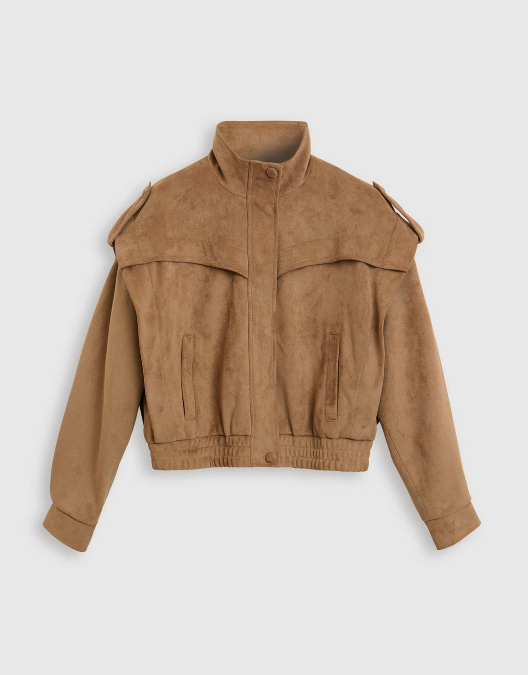 Threadbare Faux Suede Cape Shoulder Bomber Jacket in Tan - mannequin image