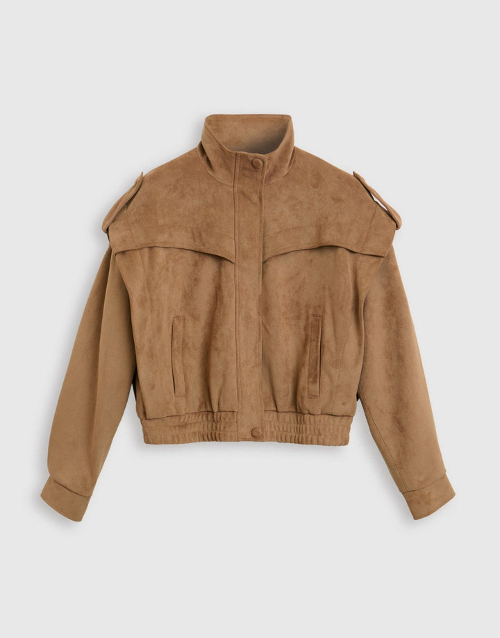 Threadbare Faux Suede Cape Shoulder Bomber Jacket in Tan - mannequin image