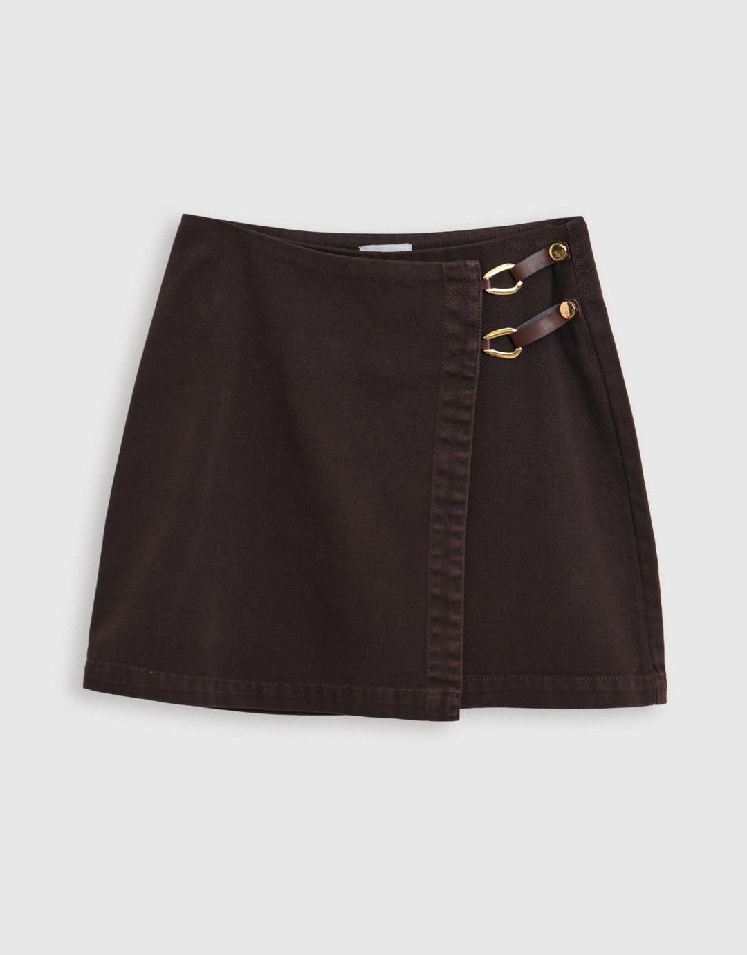 Threadbare Pleated Denim Wrap Mini Skirt in Chocolate Brown - mannequin image