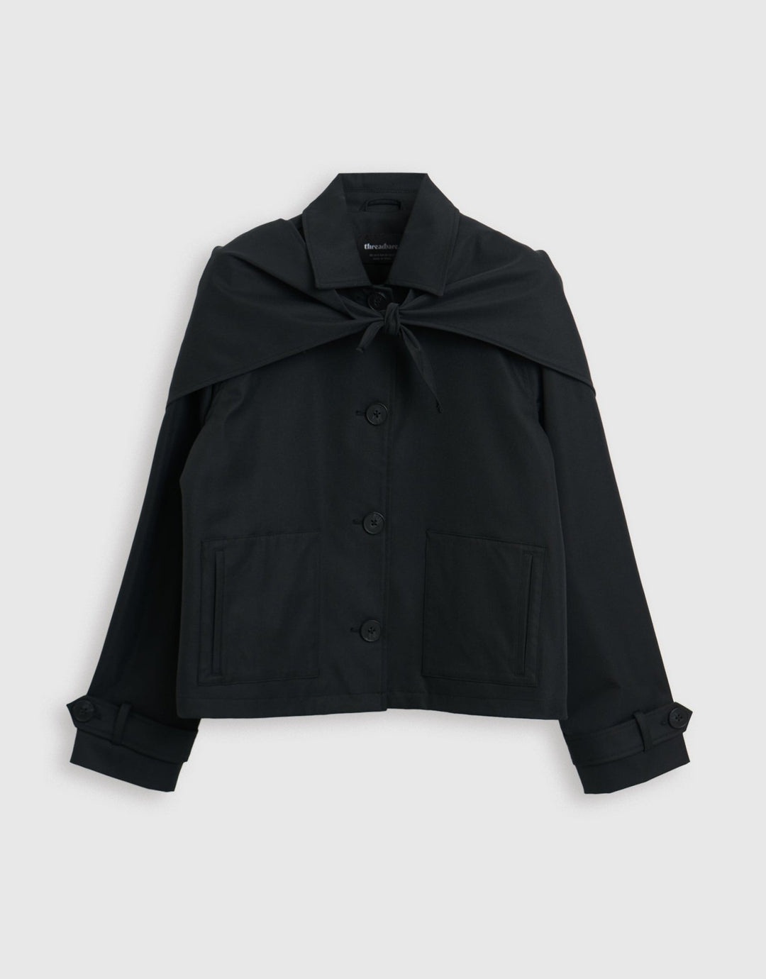 Threadbare Scarf Detail Cropped Trench Coat in Black - mannequin image