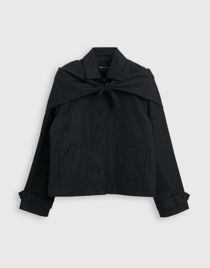 Threadbare Scarf Detail Cropped Trench Coat in Black - mannequin image