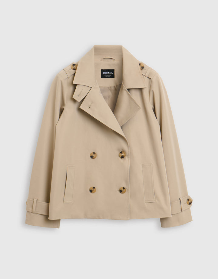 The Relaxed Funnel Neck Short Trench Coat in Stone