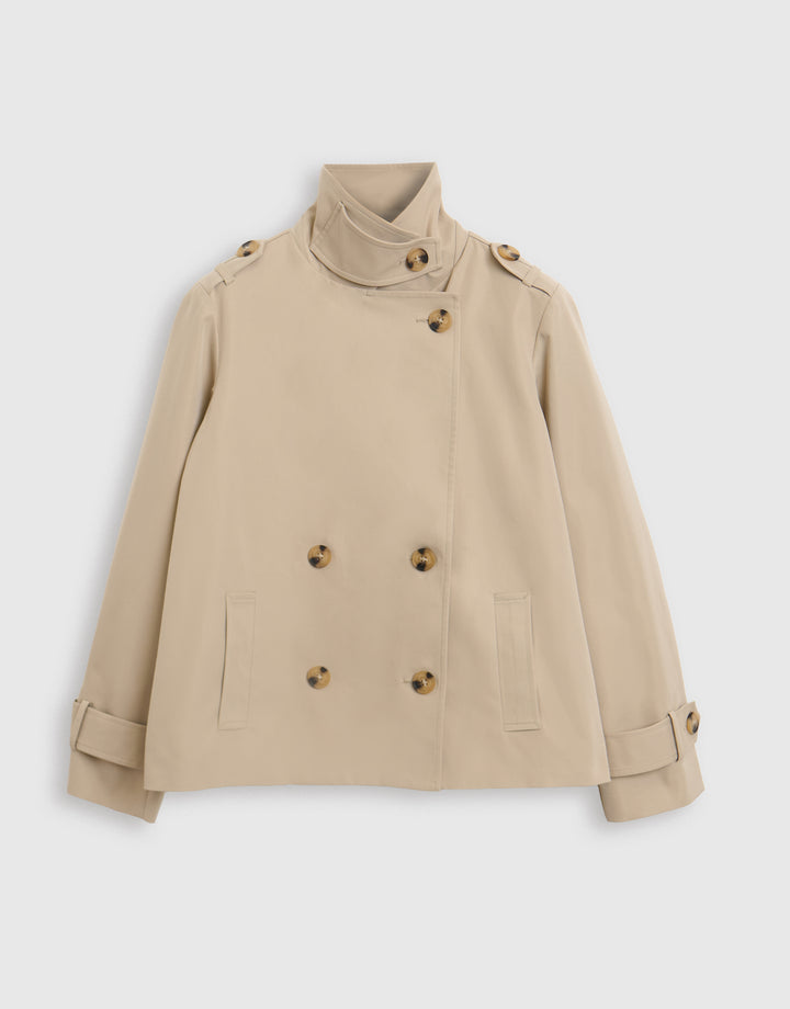 The Relaxed Funnel Neck Short Trench Coat in Stone