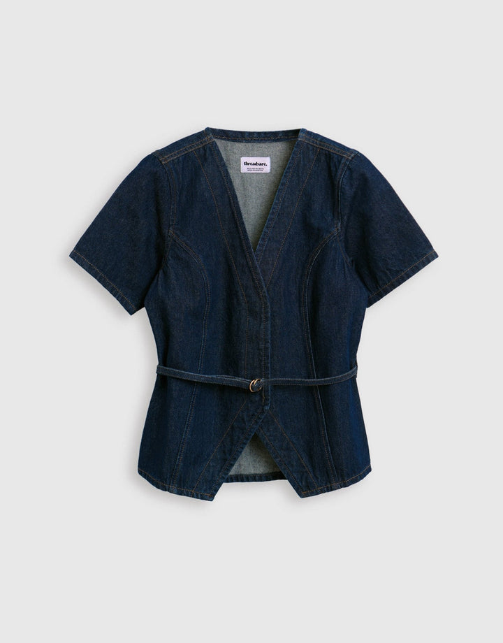 Threadbare Denim Belted Short Sleeve Top in Indigo - mannequin image