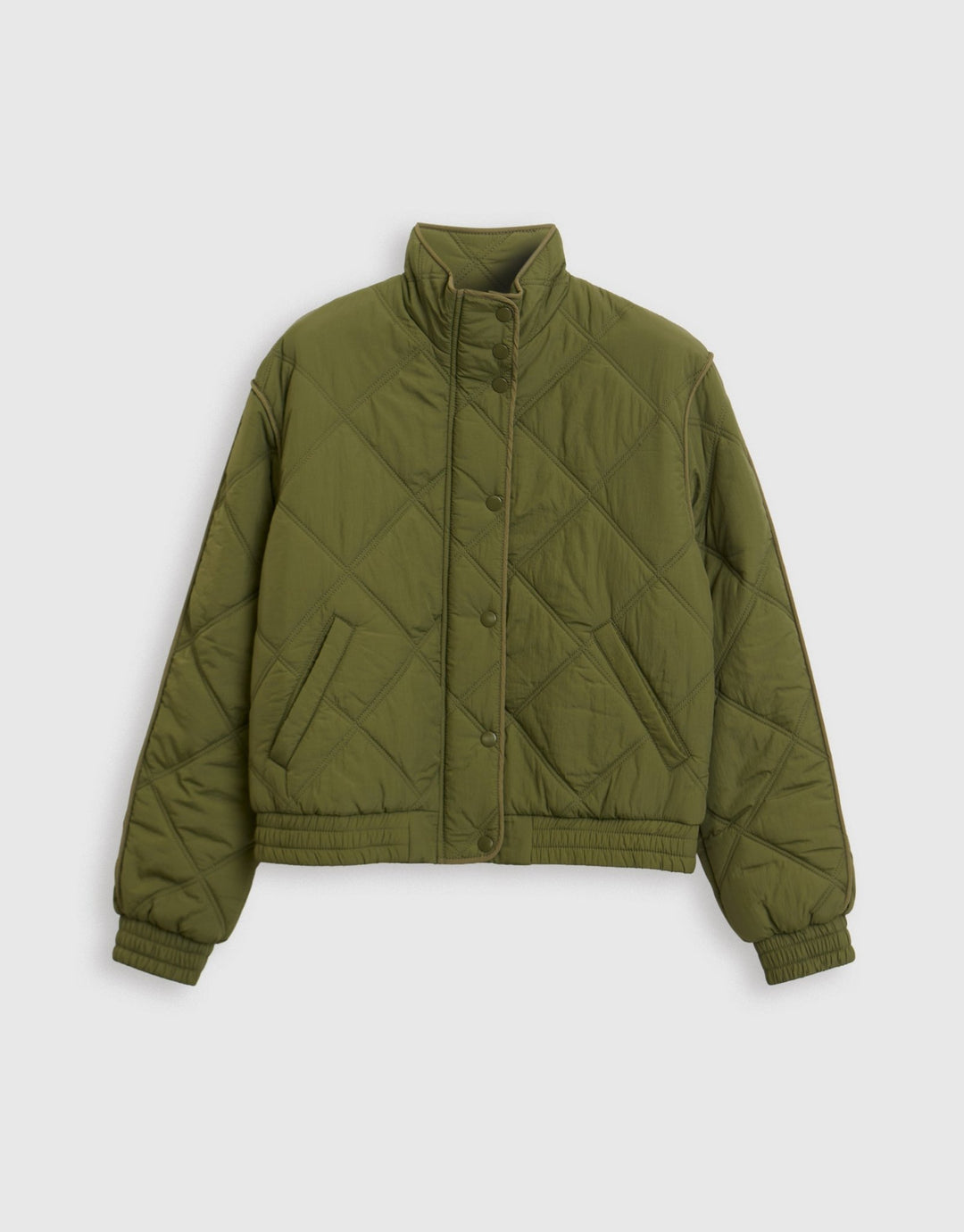 Threadbare Quilted Funnel Neck Bomber Jacket in Khaki - mannequin image
