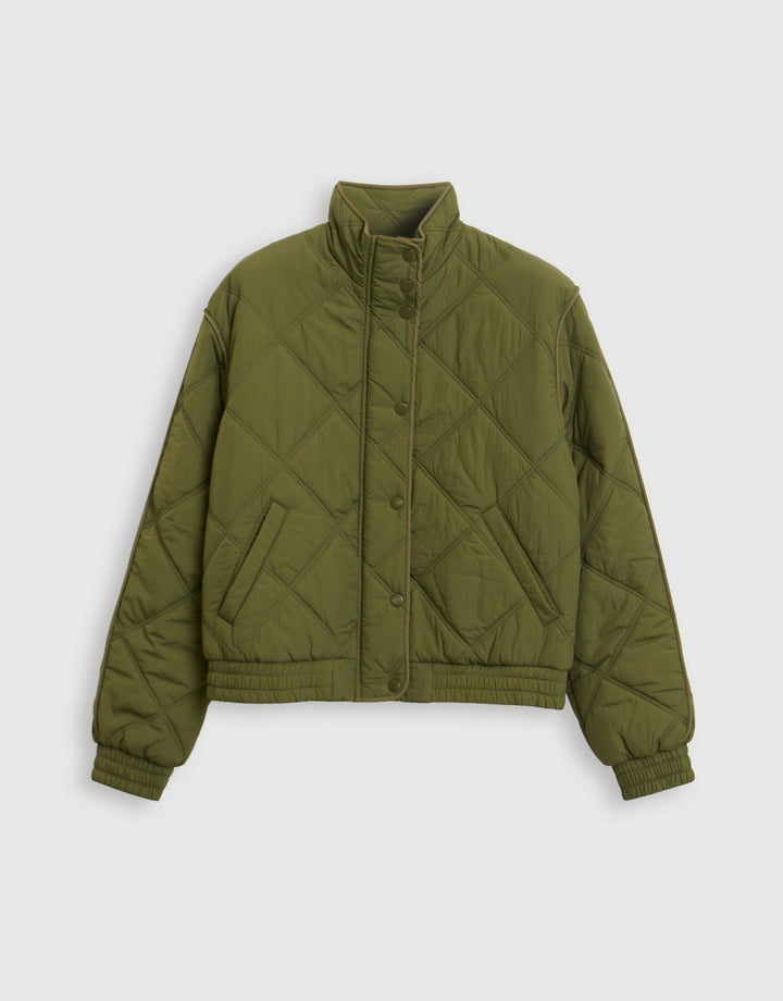 Threadbare Quilted Funnel Neck Bomber Jacket in Khaki - mannequin image