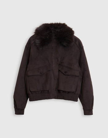 Threadbare Faux Suede Fur Collared Jacket in Chocolate Brown - mannequin image
