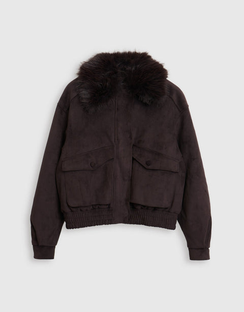 Threadbare Faux Suede Fur Collared Jacket in Chocolate Brown - mannequin image