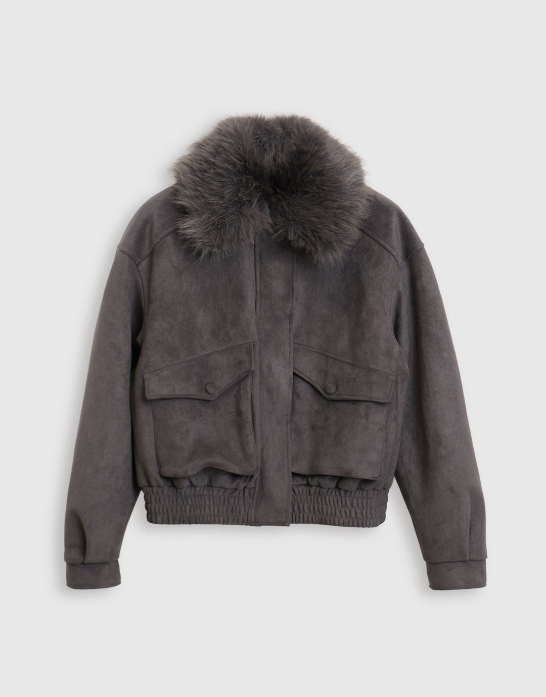 Threadbare Faux Suede Fur Collared Jacket in Charcoal Grey - mannequin image