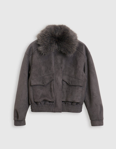 Threadbare Faux Suede Fur Collared Jacket in Charcoal Grey - mannequin image