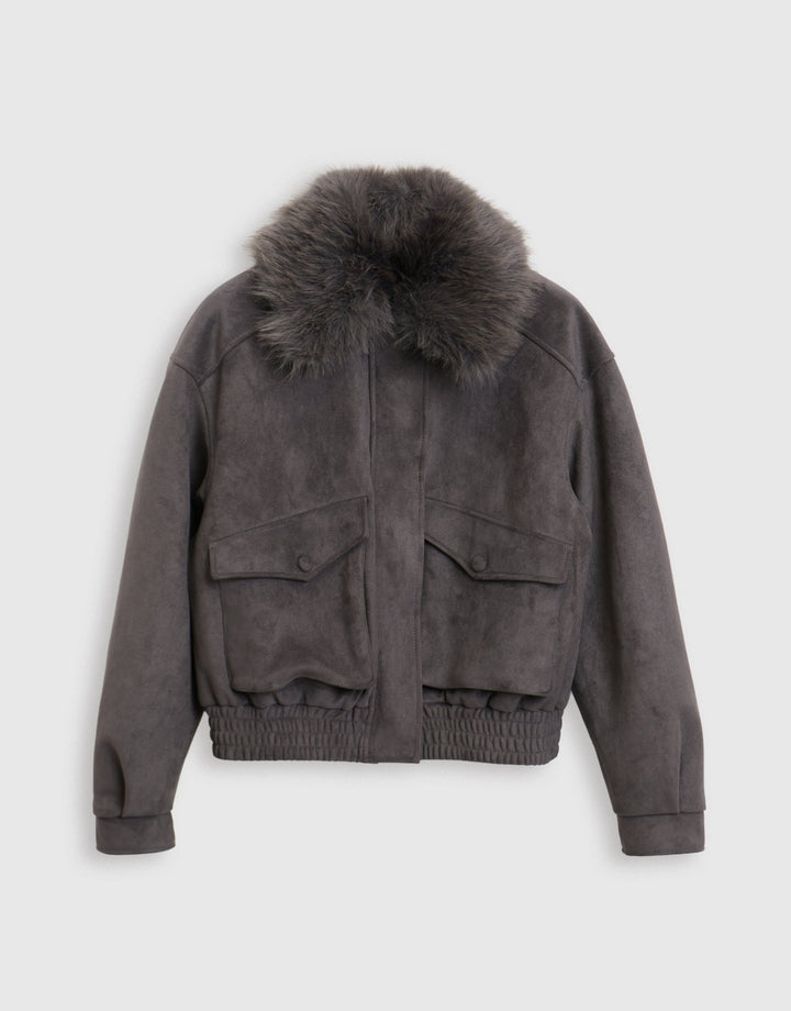 Threadbare Faux Suede Fur Collared Jacket in Charcoal Grey - mannequin image