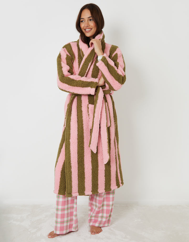 Pink & Green Stripe Borg Dressing Gown