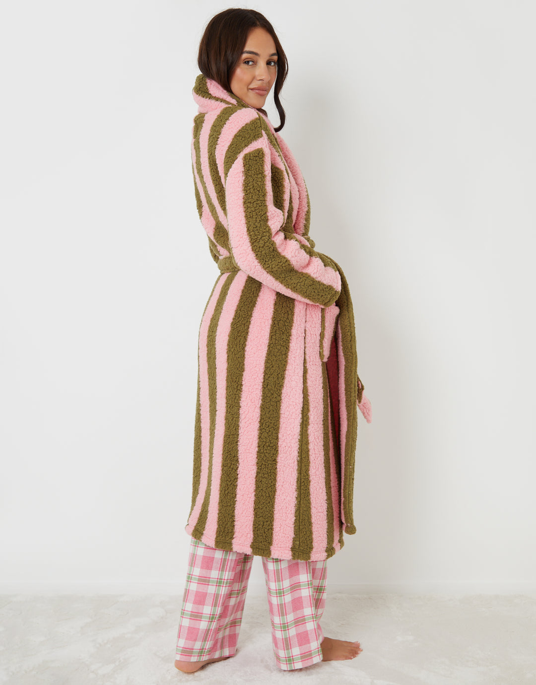 Pink & Green Stripe Borg Dressing Gown