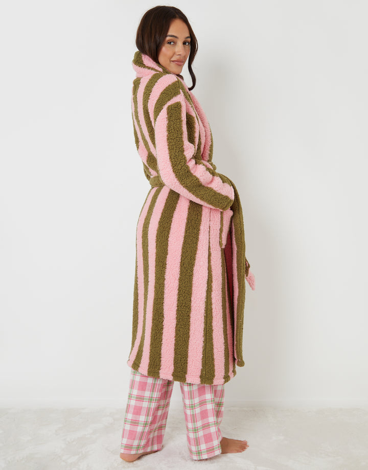 Pink & Green Stripe Borg Dressing Gown