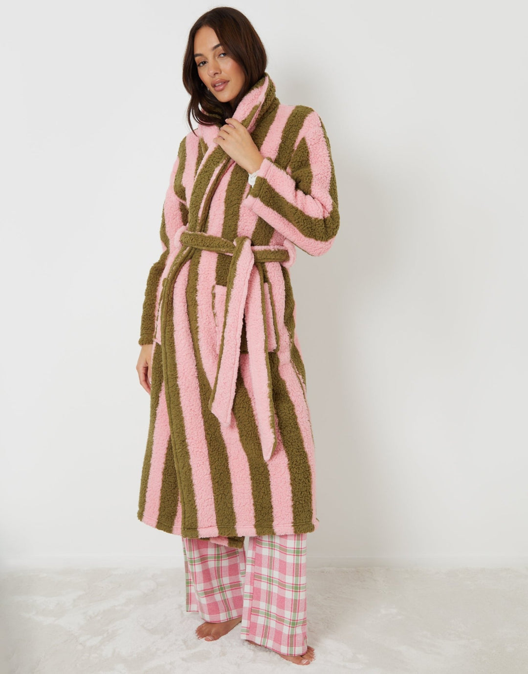 green and pink dressing gown Women Christmas Dressing Gown Flannel Robe Cute Candy Stripe Print Kimono Robe Soft Fleece Warm Short Bathrobe with Belt Sleepwear (A-Green Stripe, S) : Amazon.co.uk: Fashion