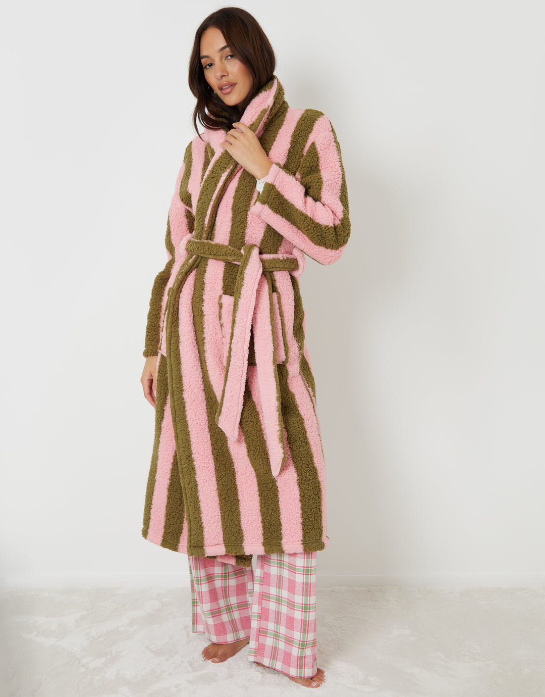 Pink & Green Stripe Borg Dressing Gown