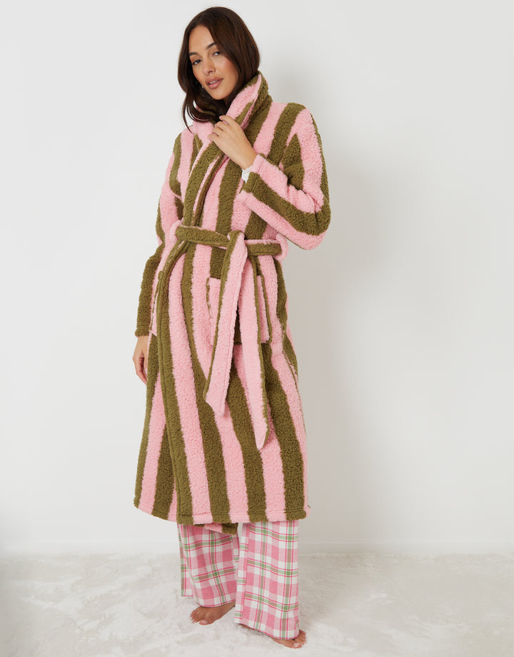 Pink & Green Stripe Borg Dressing Gown