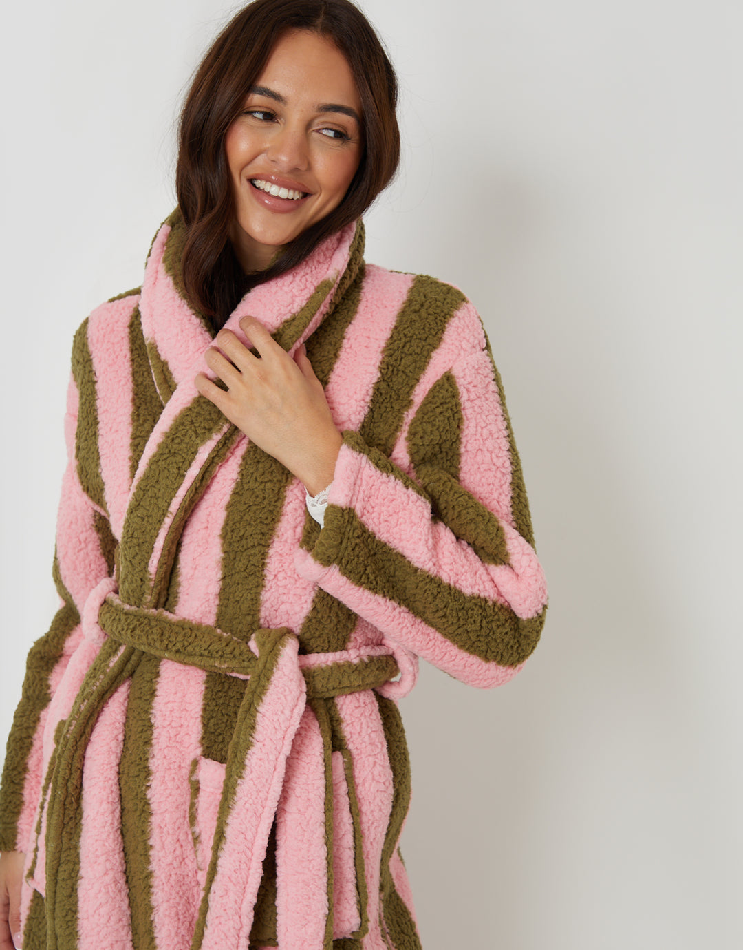 Stripe Borg Dressing Gown in Pink & Green Stripe Borg Dressing Gown in Pink & Green