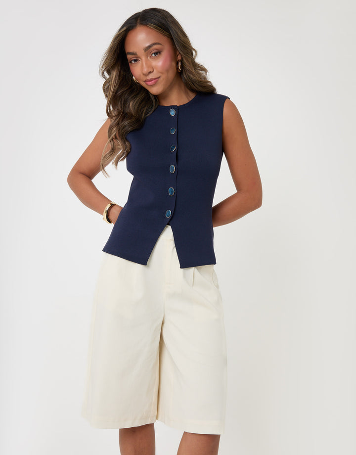 Threadbare Ribbed Knitted Waistcoat in Navy - front view