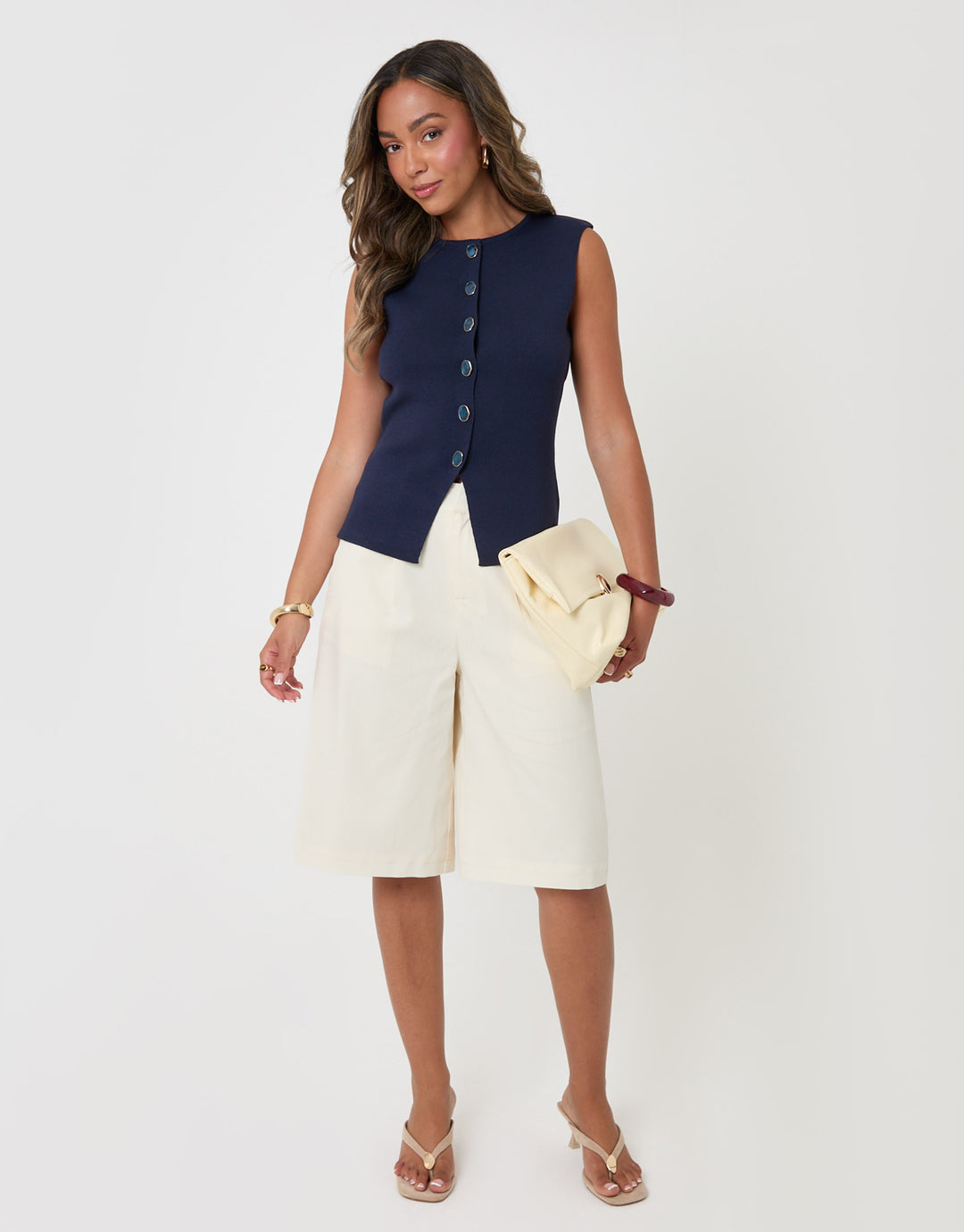 Threadbare Ribbed Knitted Waistcoat in Navy - full body