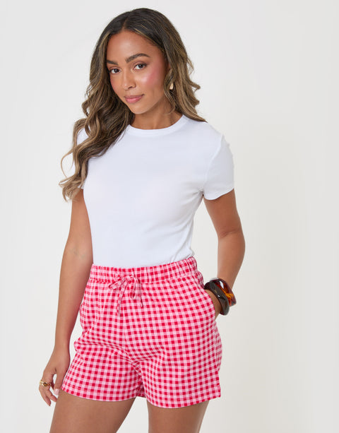 Threadbare Pull On Jersey Shorts in Pink & Red Check - front view