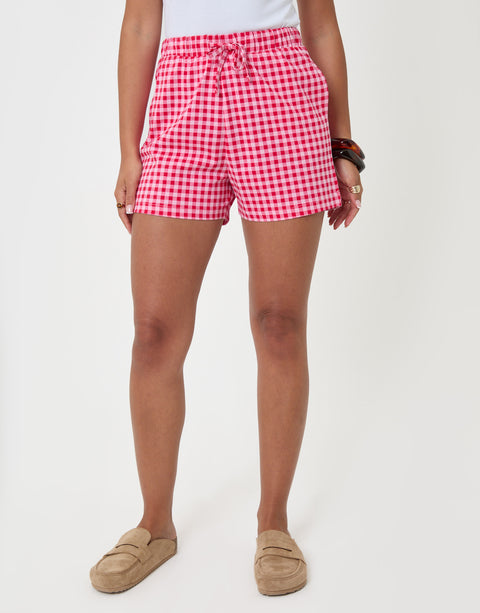 Threadbare Pull On Jersey Shorts in Pink & Red Check - front 
