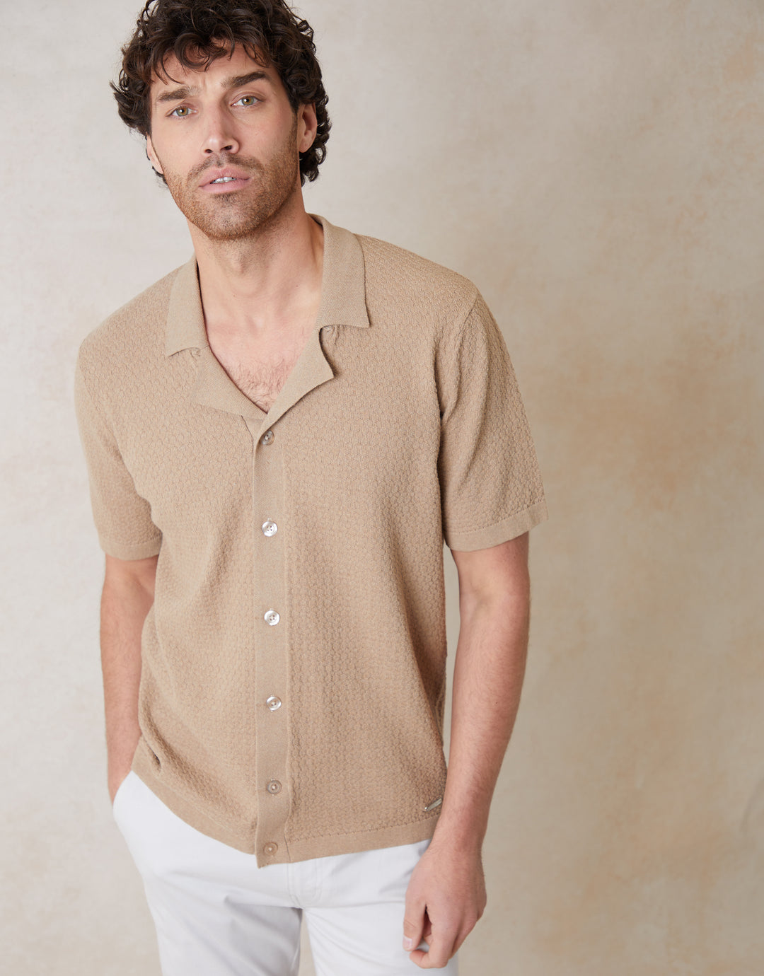 Brown Textured Revere Collar Knitted Shirt
