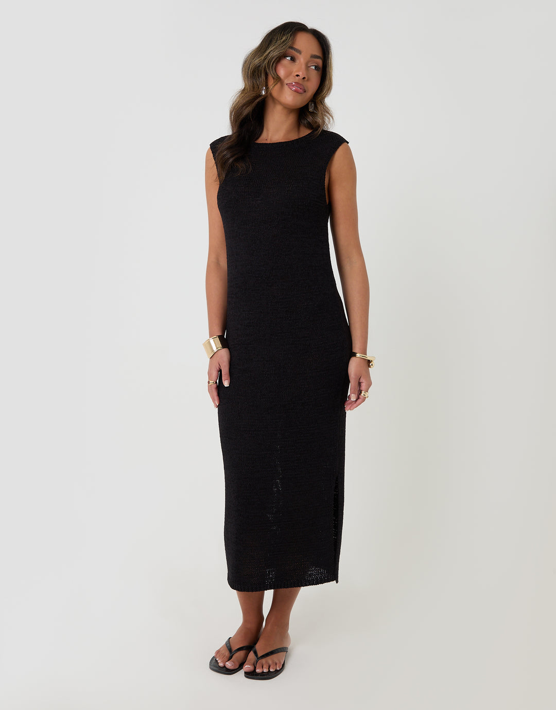 Threadbare Knitted Yarn Midi Dress in Black - full body