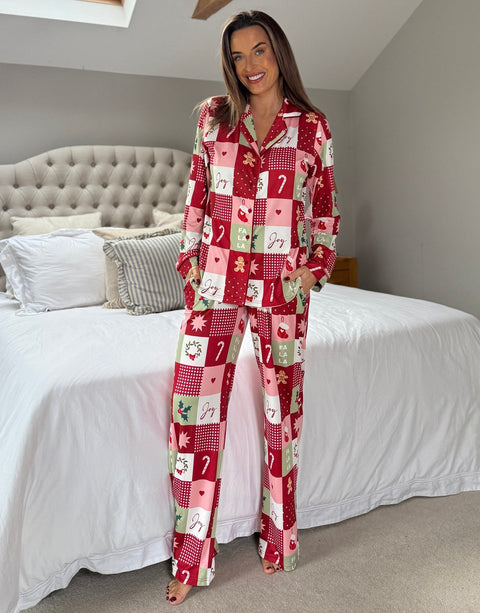 Threadbare Long Button-Through Christmas Pyjama Set in Red Patchwork Print - full body