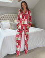 Red Patchwork Print Long Button-Through Christmas Pyjamas (2-Piece Set)