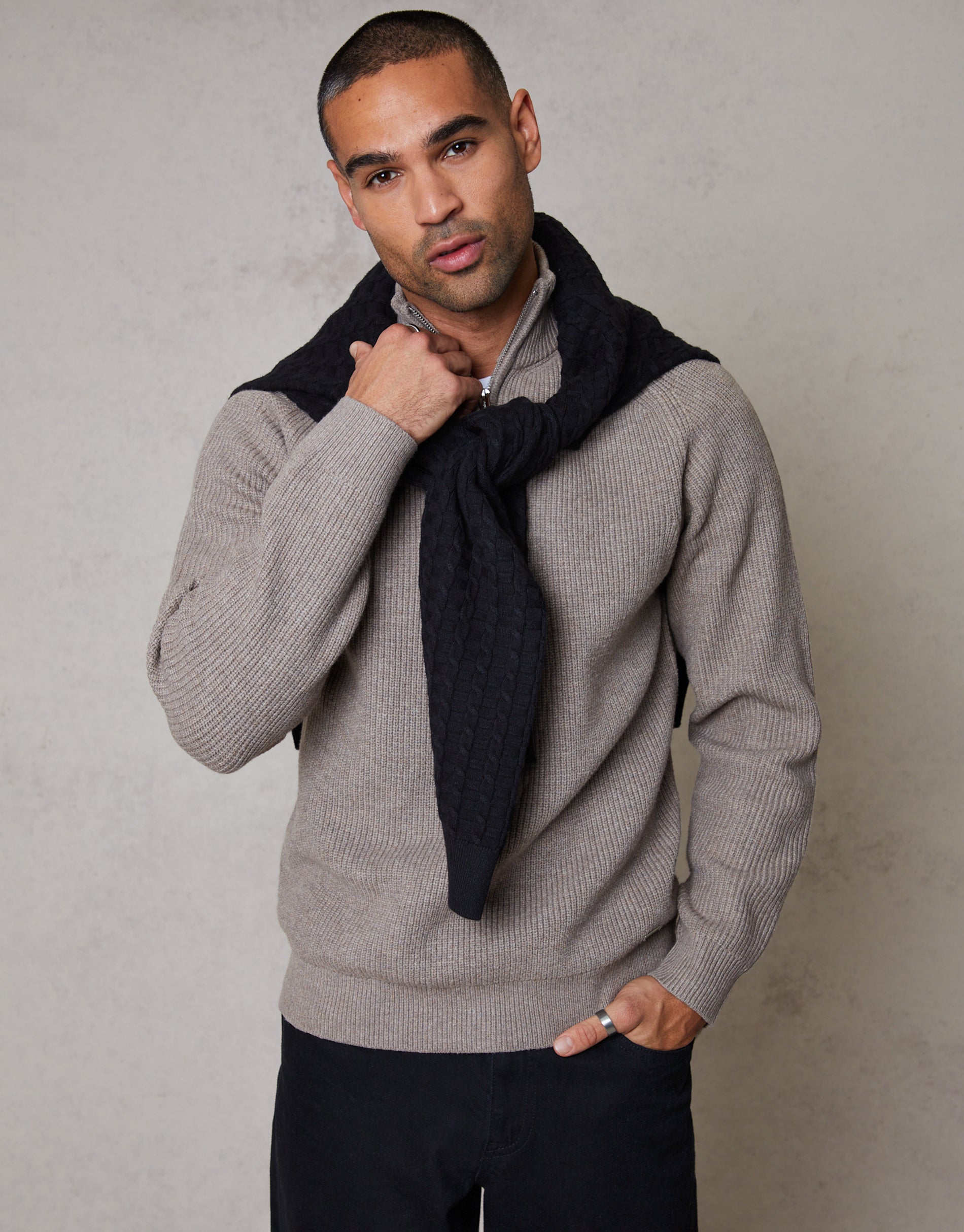 Threadbare Men's Taupe Rib Panel Quarter Zip Knitted Jumper
