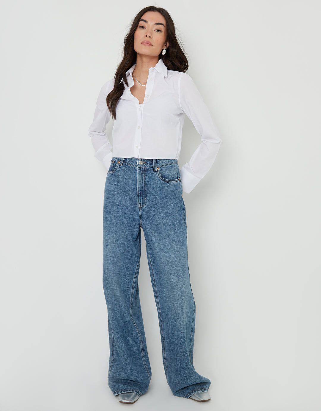 White Long Sleeve Cropped Shirt