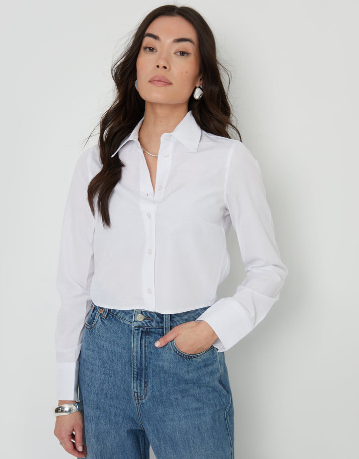 White Long Sleeve Cropped Shirt